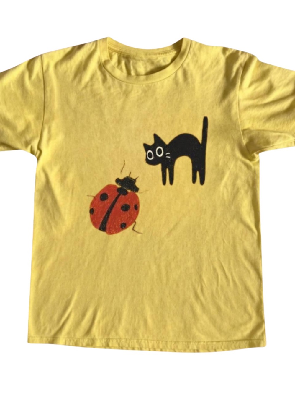 Gildan Yellow Short Sleeve Tee with Black Cat and Red Ladybug Graphic